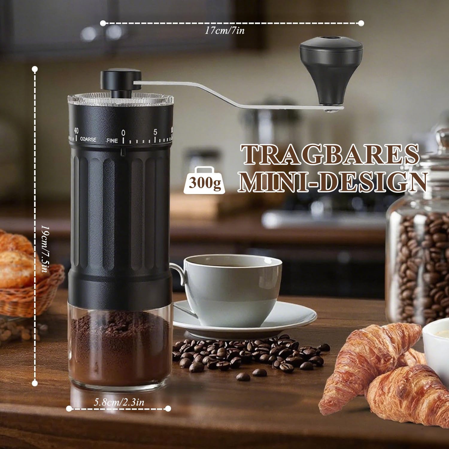 HEYHIPPO Kaffeemühle Manuelle Espressomühle, Kaffeemaschine mit Handkurbel, Haushaltsmühle, 0 W, Keramik-Mahlkern, 25 g Bohnenbehälter, Tragbare Handmühle für Kaffeebohnen, 40-stufiger Mahlgrad einstellbar