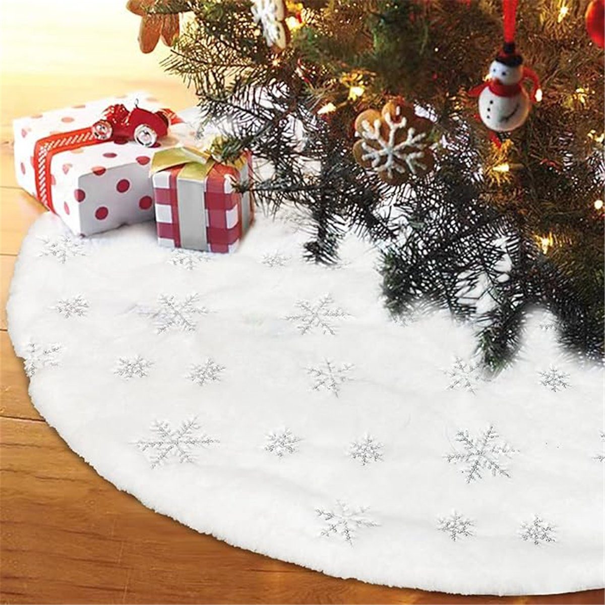 TUABUR Weihnachtsbaumdecke silbernem mit Plüsch-Weihnachtsbaumrock Schneeflockendruck Weißer