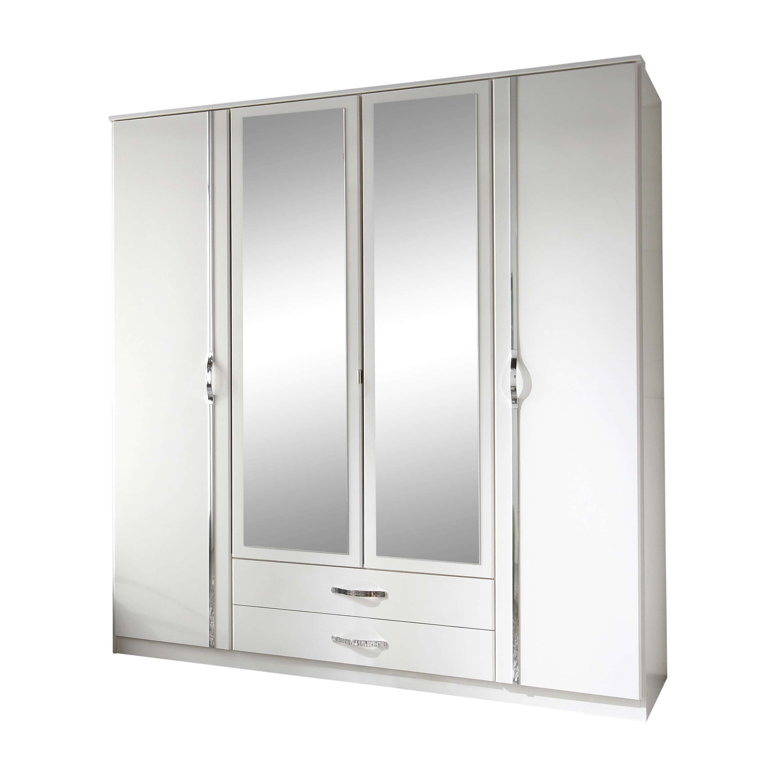 Stylefy Drehtürenschrank Düna III (Kleiderschrank, Mehrzweckschrank) 4-türig, aus Holzwerkstoff, Modern Design, viel Stauraum, mit Spiegel und Schubladen, variabel stellbar Weiß