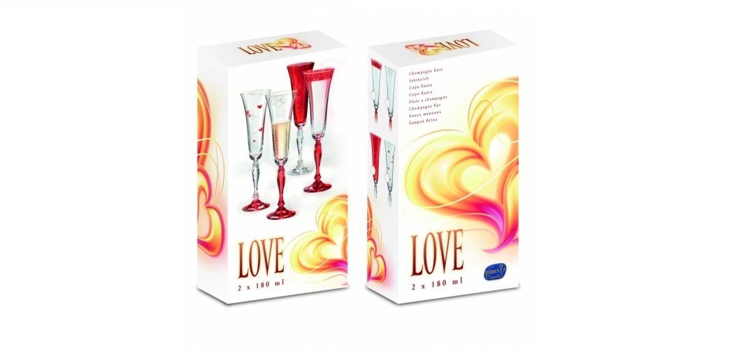 Crystalex Sektglas Love Victoria (Herze oben, roter Fuß) 180 ml 2er Set, 2-tlg., Kristallglas, Kristallglas, Gravur, roter Fuß
