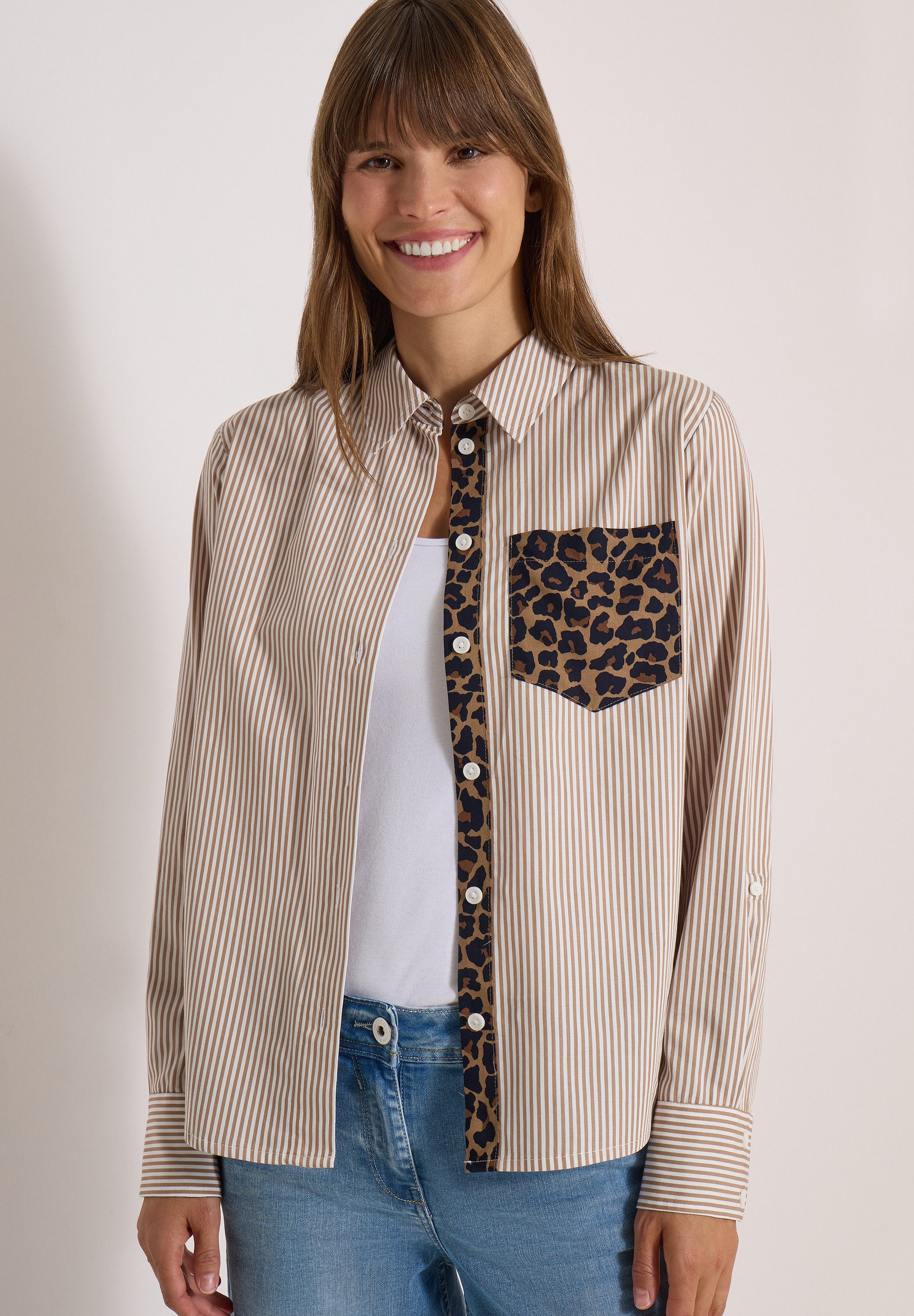 CECIL Hemdbluse Kontrastfabene Details im Animal-Print