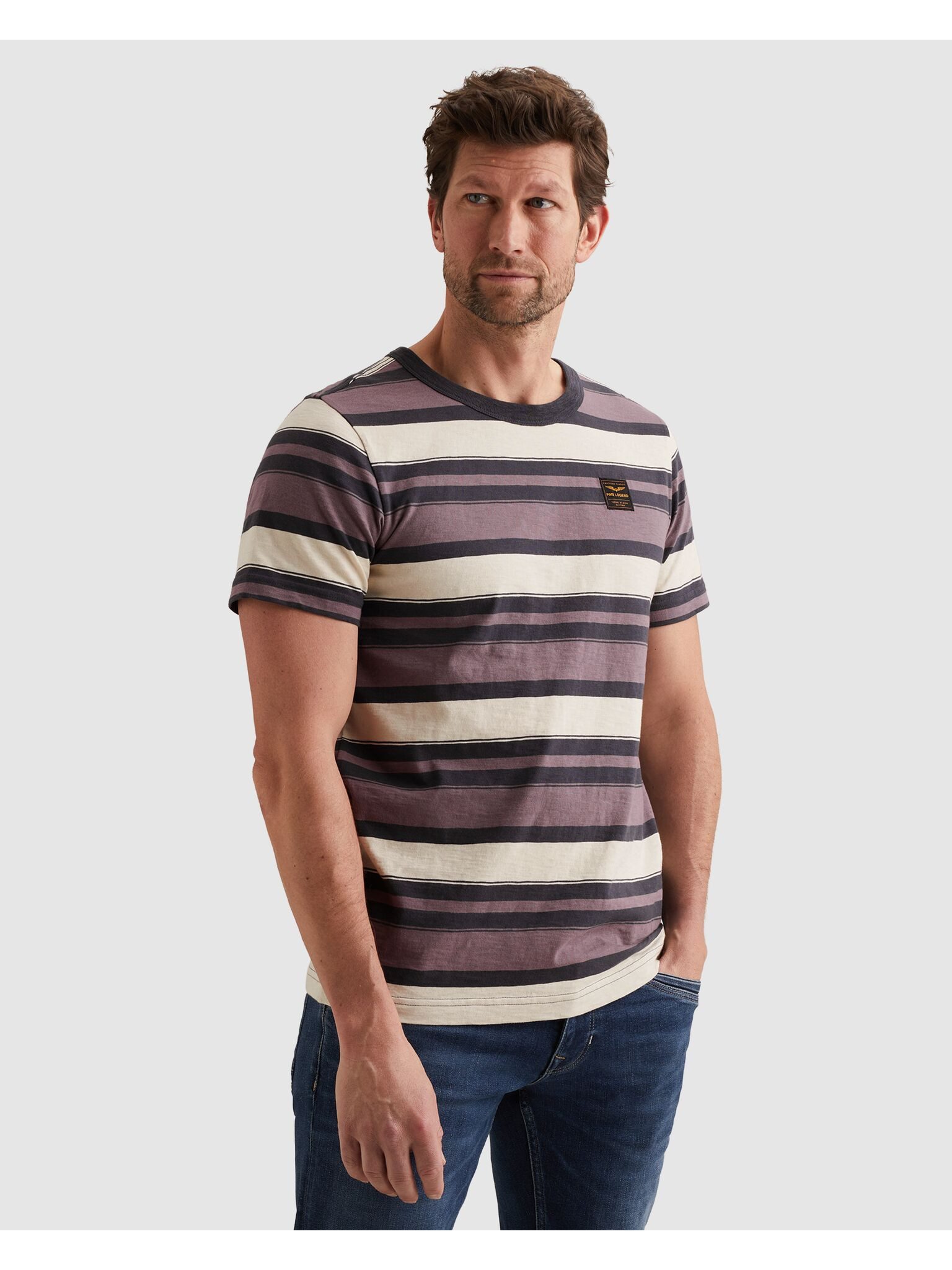 PME LEGEND T-Shirt Short sleeve r-neck slub striped jersey mit Logo Stickerei