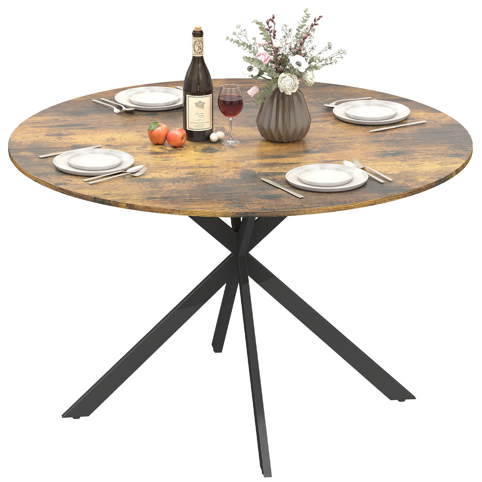 HOMCOM Esstisch Küchentisch im Industriestil mit Stahlbeinen für 4 Personen (für Esszimmer, Küche, Wohnzimmer, 1-St., rund, 120 x 120 x 75 cm), Rustikal-Braun
