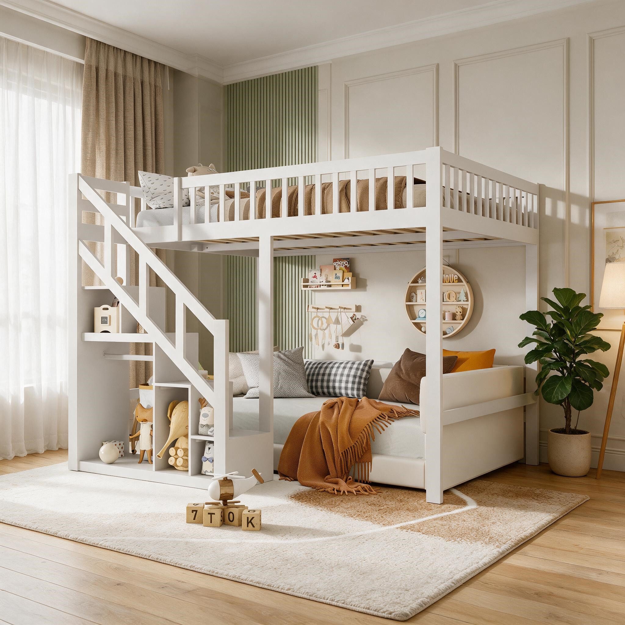 Simurq Hochbett Kinder‑Loftbett 90x200, Stauraumtreppe, Stern‑Muster Absturzsicherung – Bild 2 von 5