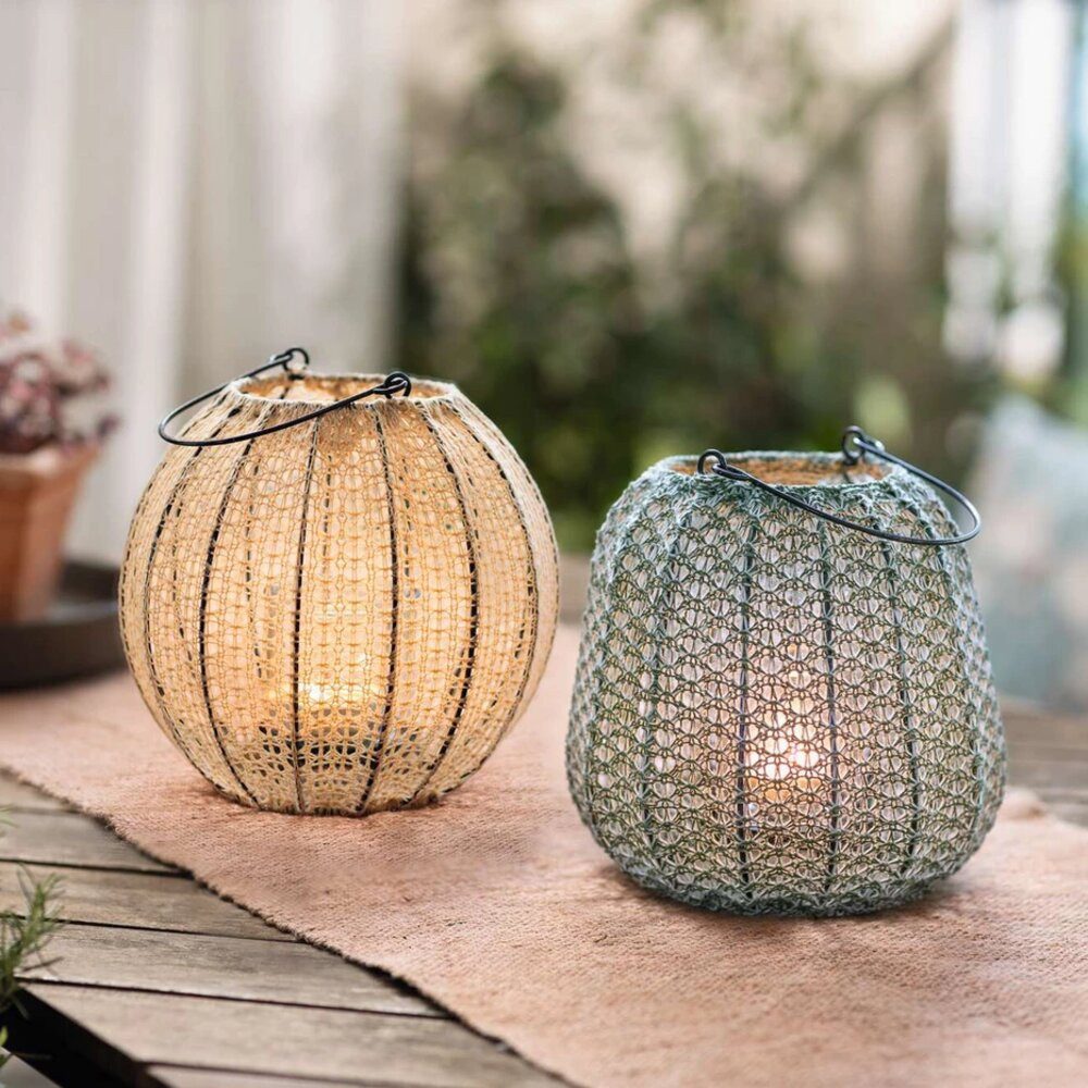 Home-trends24.de Kerzenlaterne Laterne Webart grün oder beige Kerzenhalter Teelicht Glaseinsatz