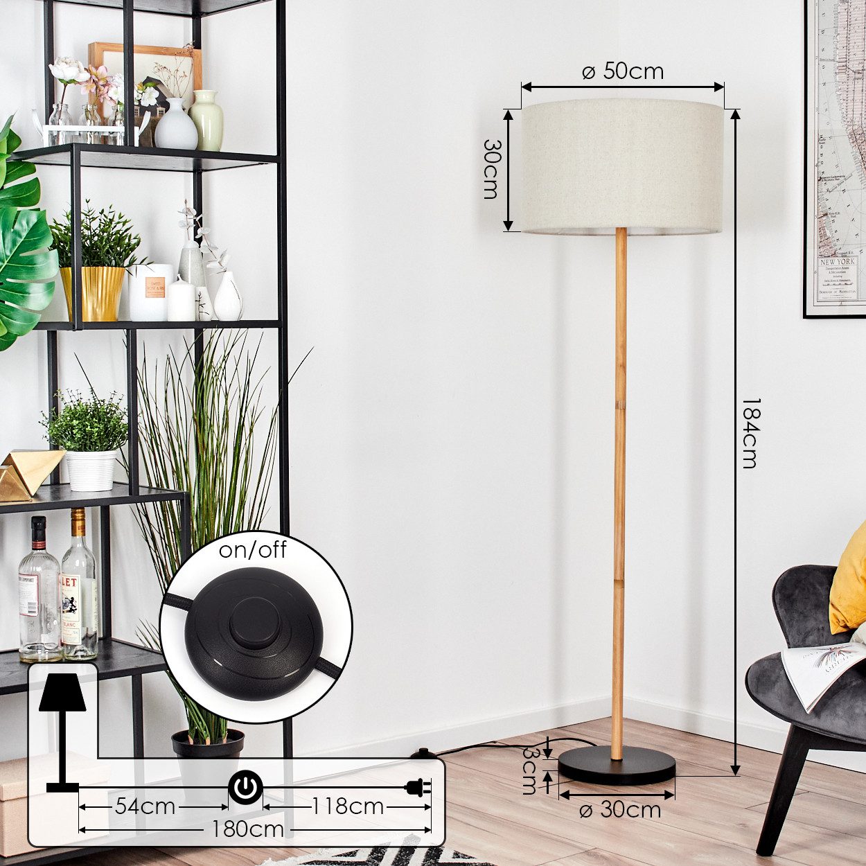 hofstein Stehlampe Stehlampe aus Metall/Holz im modernen Boho-Design, ohne Leuchtmittel, Stehleuchte mit Schirm aus Stoff und Fußschalter, Ø 50 cm, 184 cm, E27 – Bild 4 von 5