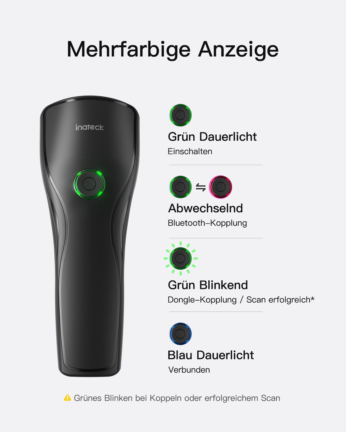 Inateck Barcode Scanner 1D 2D, mit USB und 2.4G, mit Abnehmbarem Akku Handscanner, (Leicht)