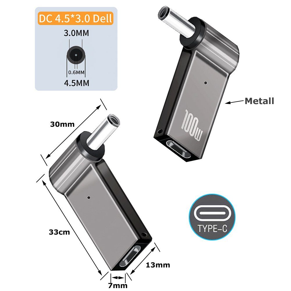 Bolwins D01 USB Typ-C zu DC mit PD Kabel Adapter für DELL Stecker 4,5*3,0mm Computer-Adapter DC 4,5 × 3,0 mm Stecker zu USB-C Typ-C Buchse, 0 cm, 100W Power Delivery, integrierter PD-Emulator, für Dell-Laptops