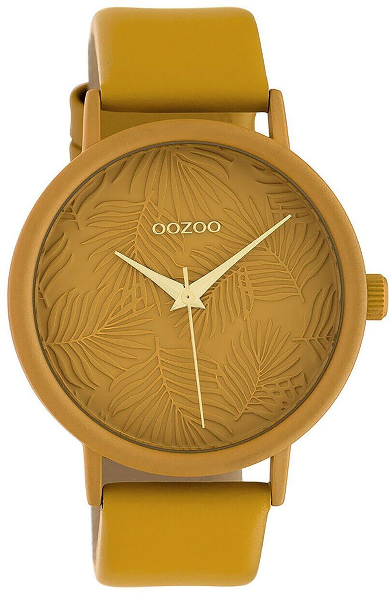 OOZOO Quarzuhr Oozoo Damen Armbanduhr senfgelb, Damenuhr rund, groß (ca. 42mm) Lederarmband, Fashion-Style