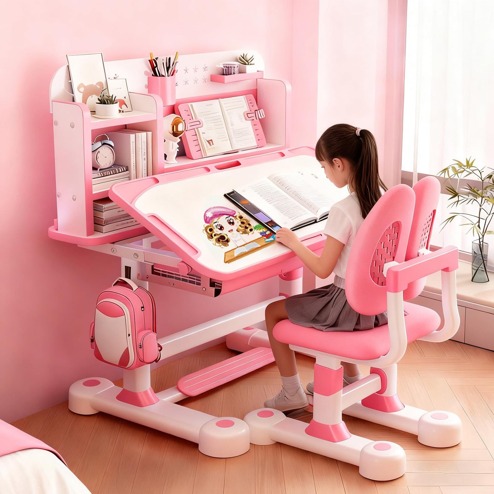 Rutaqian Kinderschreibtisch Kinder-Schreibtisch- und Stuhl-Set,Höhenverstellbar mit Sitzkorrektur (Multifunktionsschreibtisch mit Leseständer,Schublade,Rucksackhaken, 1-St., Ergonomischer Schreibtisch-Stuhl Set,Zonenförmig gestalteter Stauraum), Verstellbarer Schreibplatte, Kinder Schreibtisch für Jungs & Mädchen