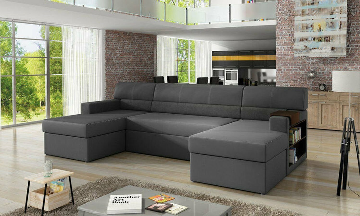 JVmoebel Ecksofa, Design Ecksofa Markos U-form Bettfunktion Couch Dunkelgrau