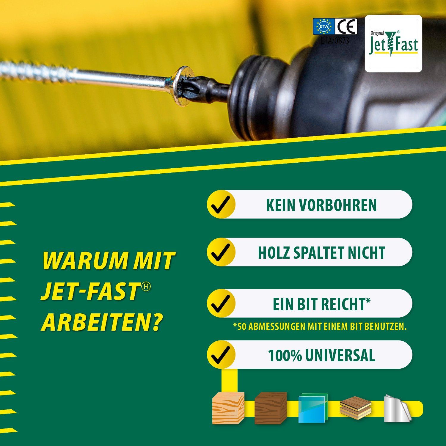 Jet-Fast Schrauben-Set Spanplattenschrauben, Duo-Senkkopf, Selbstbohrspitze - Heimwerker Set, (Packung-Set), Selbstborhspitze, kein Vorbohren nötig, schnelles Einschrauben