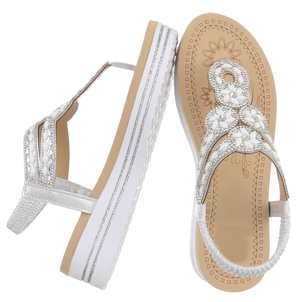 Ital-Design Damen Plateau-Flip-Flop mit Schmucksteinen Zehentrenner (91970828) Keilabsatz/Wedge Keilsandaletten in Silber