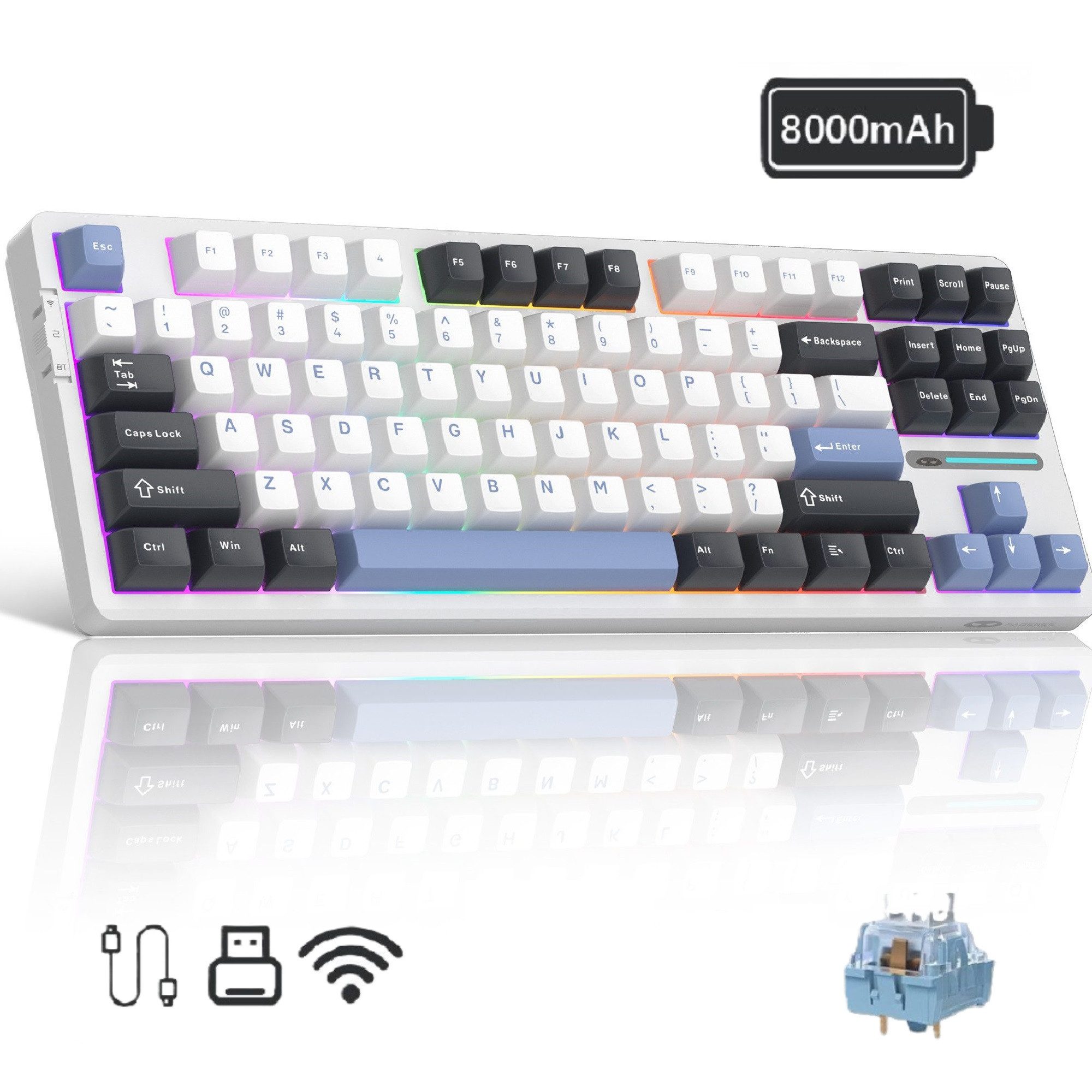 Novzep Gaming Tastatur Kabellose Mechanische Keyboard RGB Rainbow Tri-Modus Gaming-Tastatur (Kompakt 87 Tasten für Mac&Win,5 schallabsorbierende Schichten,PC)