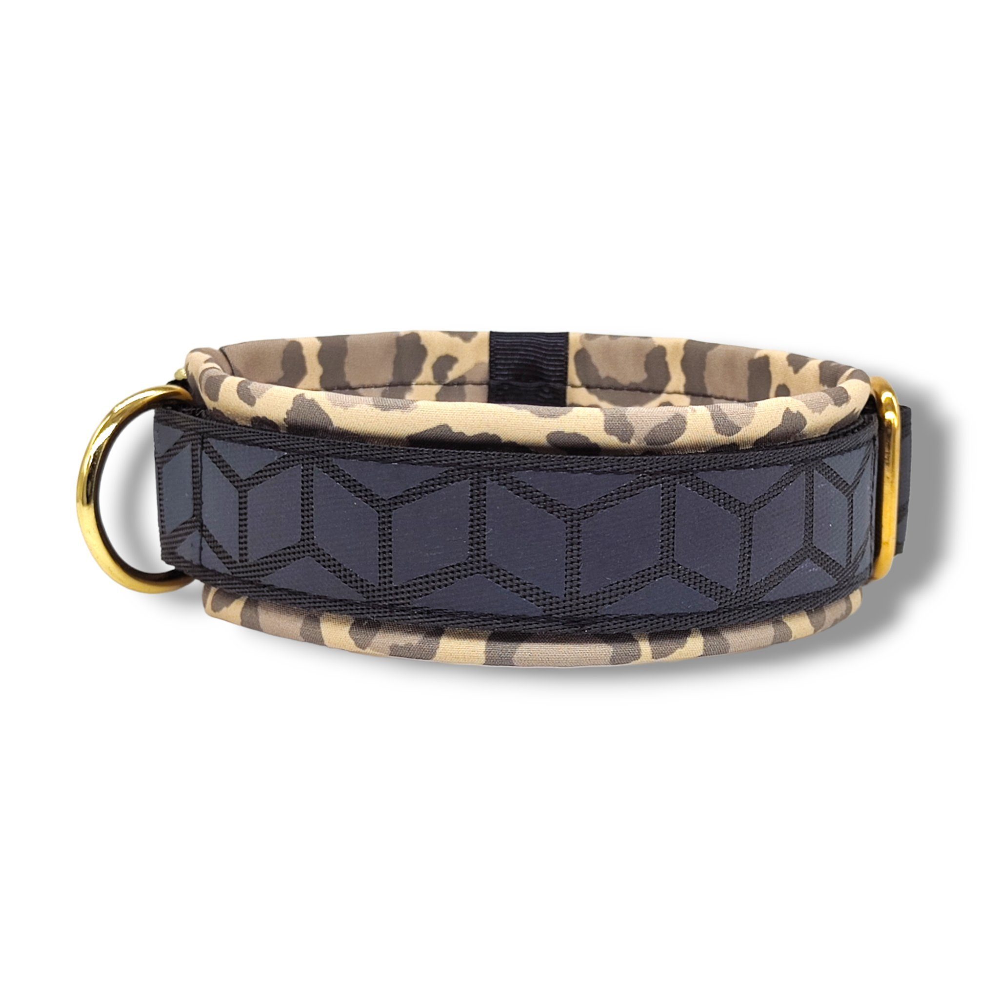 D by E Couture Hunde-Halsband "Golden Leopard III", reflektierend, gepolstert, verstellbar, 50mm breit, Handmade