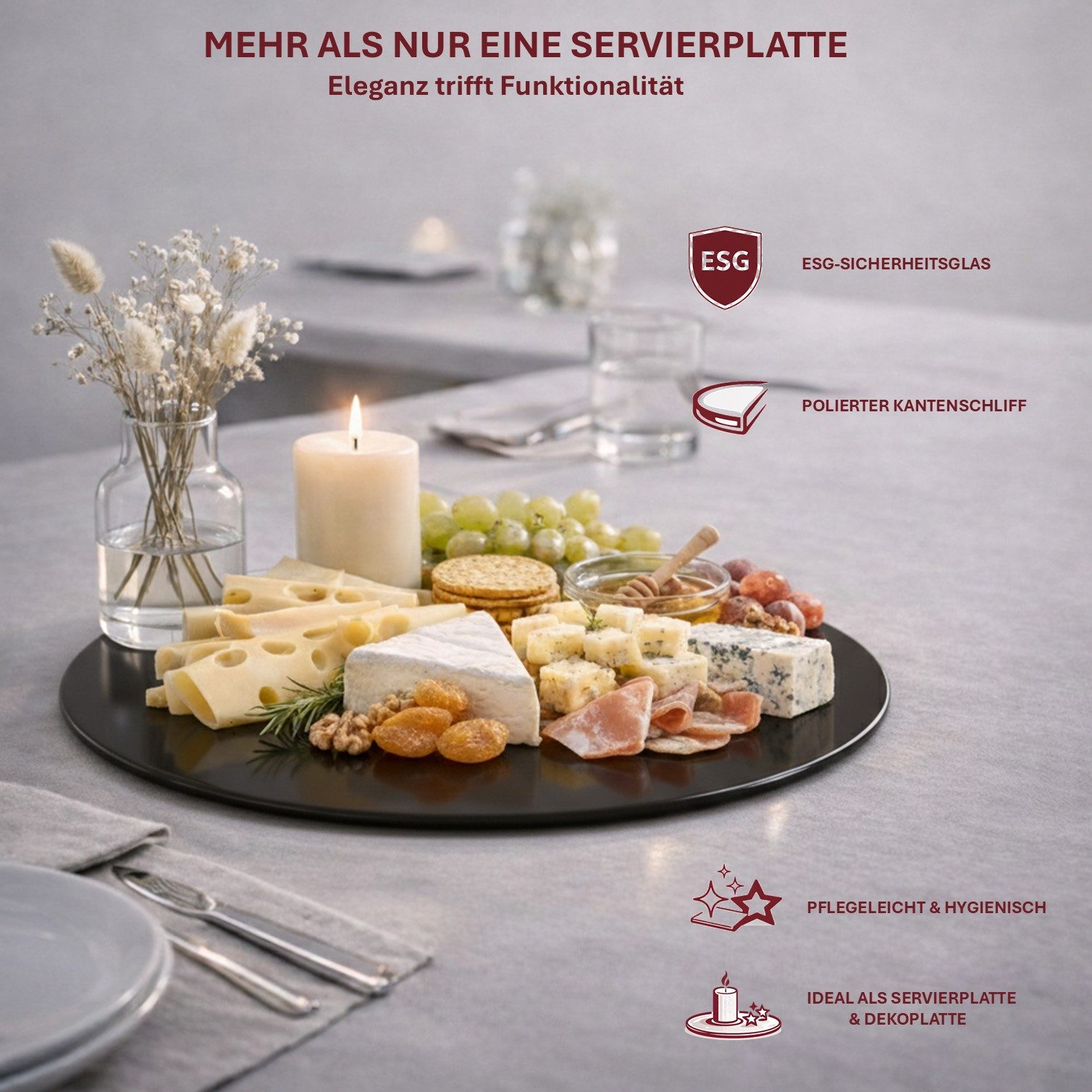 HOOZ Servierplatte Glasablage Ø 40 cm Sicherheitsglas 6mm – Tisch & Deko Rund Schwarz, ESG Glas, (Dekoplatte Glas, 1-tlg., pflegeleichte Glasplatte), Präsentationsplatte, Käseplatte, Tortenplatte, Glas Tablett für Feiern