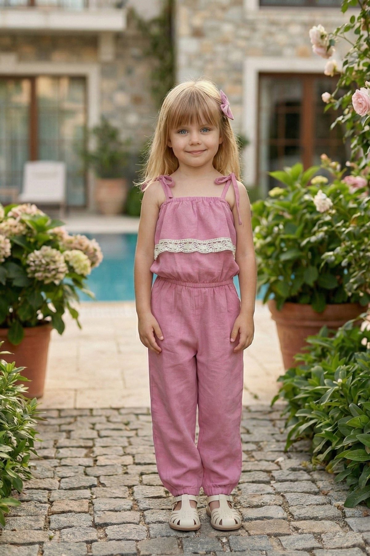 Parla Kids Overall Lila Jumpsuit mit Spitzendetails, schmalen Trägern und Haarspange