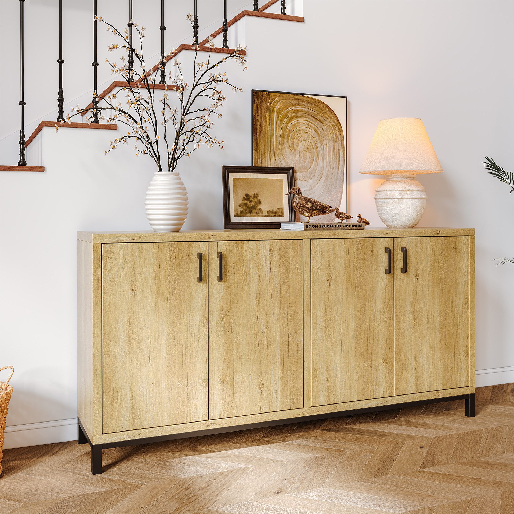 zebery Sideboard Retro-Stil Anrichte Küchenschrank (Set, Highboard Buffetschrank mit 4 Türen und Metallgriff), für Schlafzimmer, Wohnzimmer, Flur, 160 x 35 x 80cm