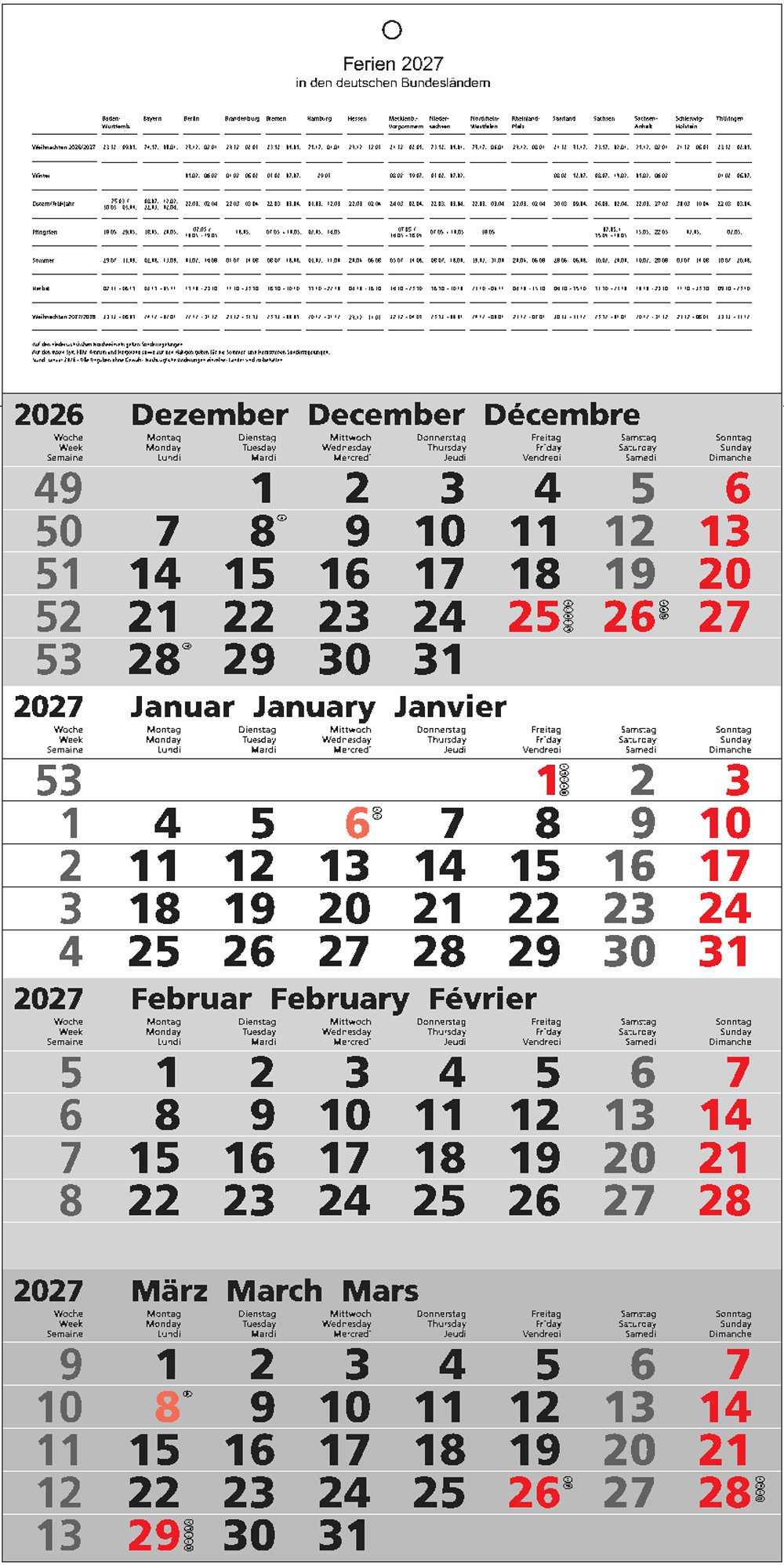 ADINA Wandkalender 2027 ADINA Viermonatskalender 60x30cm m Tagesanzeiger und Schulferien