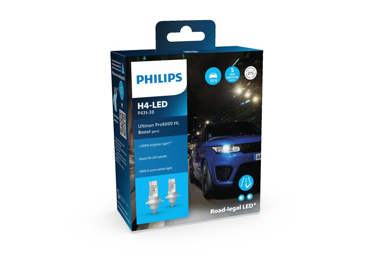 Philips KFZ-Ersatzleuchte H4 12V 18W Ultinon Pro6000 Boost Gen2 +300% mit Strassenzulassung 2St., H4, Kaltweiß