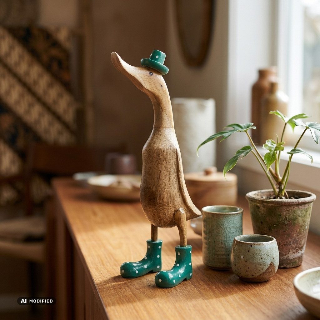 Kinaree Dekofigur Deko Holz Ente mit Gummistiefel und Hut handgefertigt Indonesien, jeden Anlass, Naturprodukt, Handgefertigt, Unikate, Geschenkideen