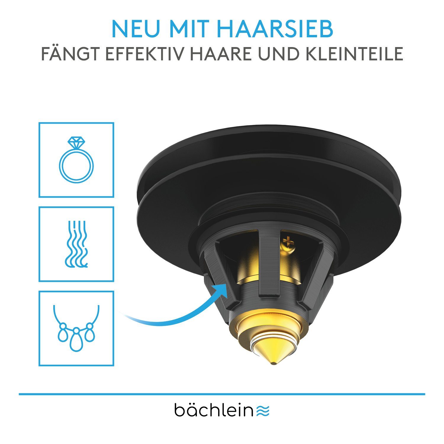 Bächlein Waschbeckenstöpsel Pop-Up Waschbeckenstopfen, (Schwarz-matt), Stöpsel mit integriertem Haarsieb für Abläufe Ø 40 mm – Bild 5 von 5