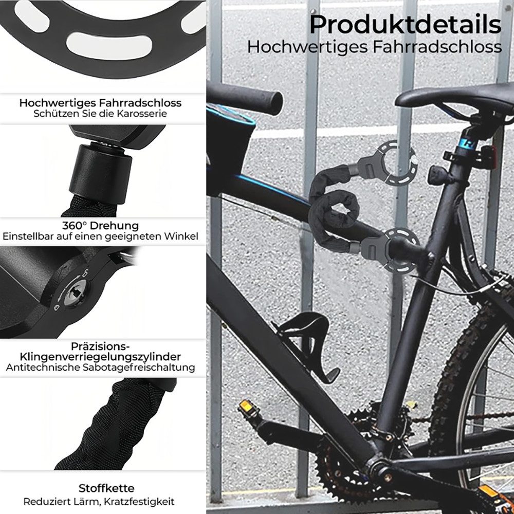 PFCTART Kettenschloss Kettenschloss für E-Scooter & Fahrrad, 90 cm Gesamtlänge (Set, 1-tlg., 360° drehbarer Schlosskopf, Kratzschutz, inkl. 3 Schlüssel), Anti-Bohr & Anti-Säge, IPX8 wasserdicht, legierter Stahl