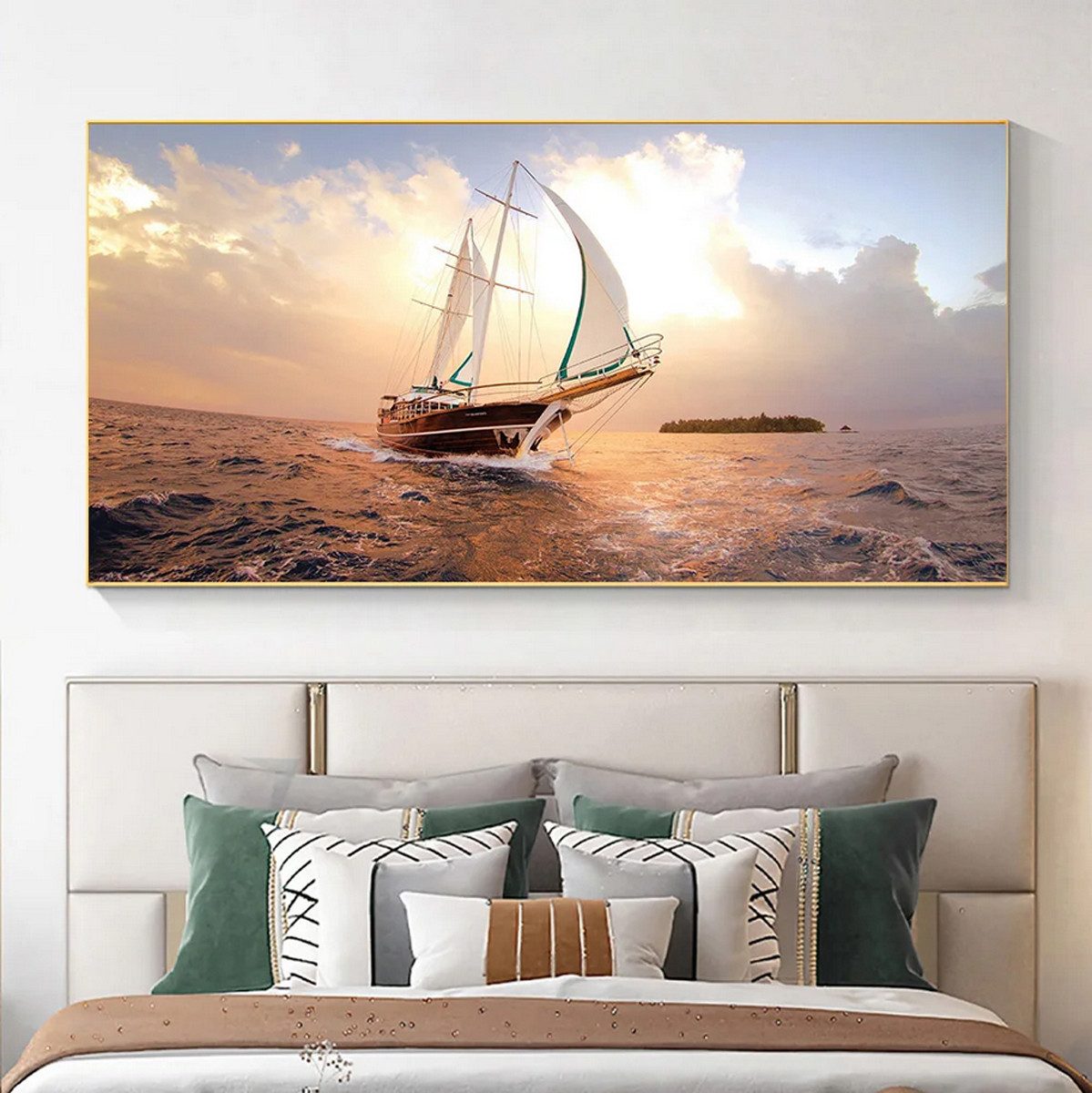 TPFLiving Kunstdruck (OHNE RAHMEN) Poster - Leinwand - Wandbild, Wunderschönes Segelboot auf dem weiten Meer-Leinwandgemälde (Leinwandbild XXL), Farben: Orange, Gelb, Blau, Weiß, Schwarz -Größe: 20x40cm