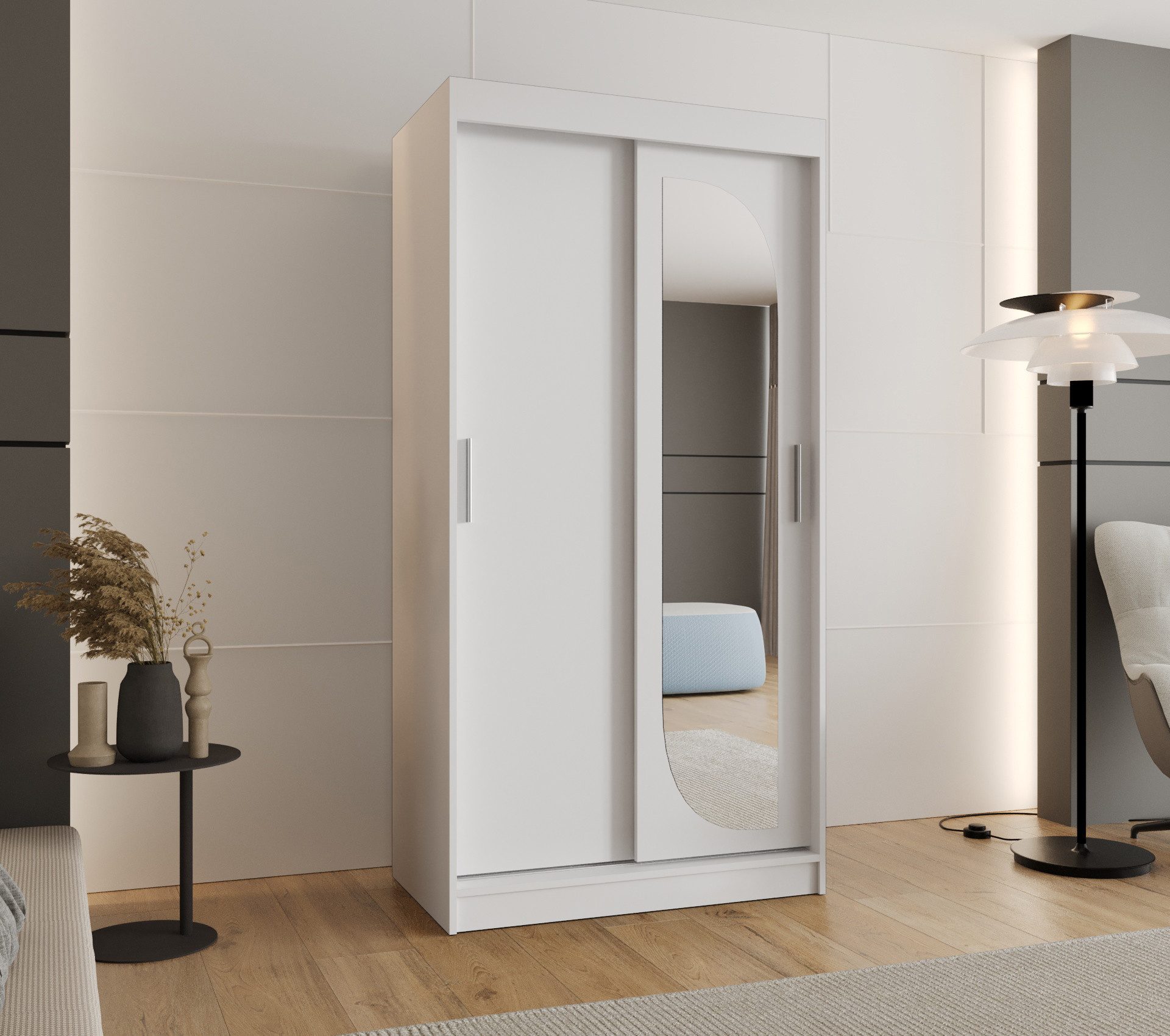 MOEBLO Schwebetürenschrank CYLIO (mit Spiegel – Moderner Kleiderschrank mit Schiebetüren, Metall-Kleiderstangen & BIMAK-System, in mehreren Farben & Größen, Schrank Garderobe Schiebtüren Schlafzimmer Wohnzimmerschrank) 100 /120/150/180/200/250x200x62 cm