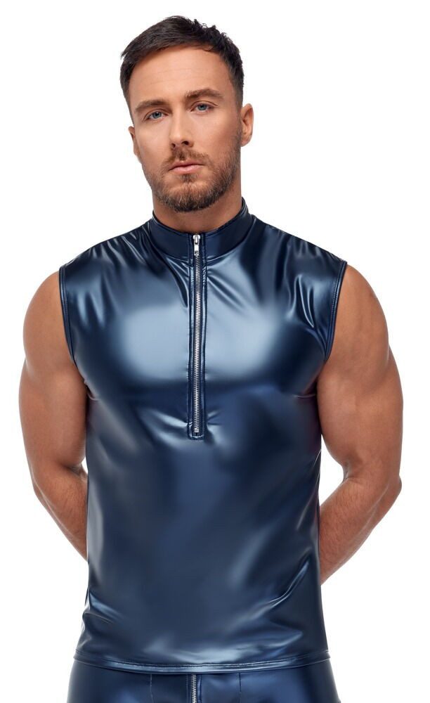 NEK Muskelshirt Shirt im Metallic-Mattlook mit Reißverschluss - blau (1-tlg) Ärmellos, eng & körperbetont
