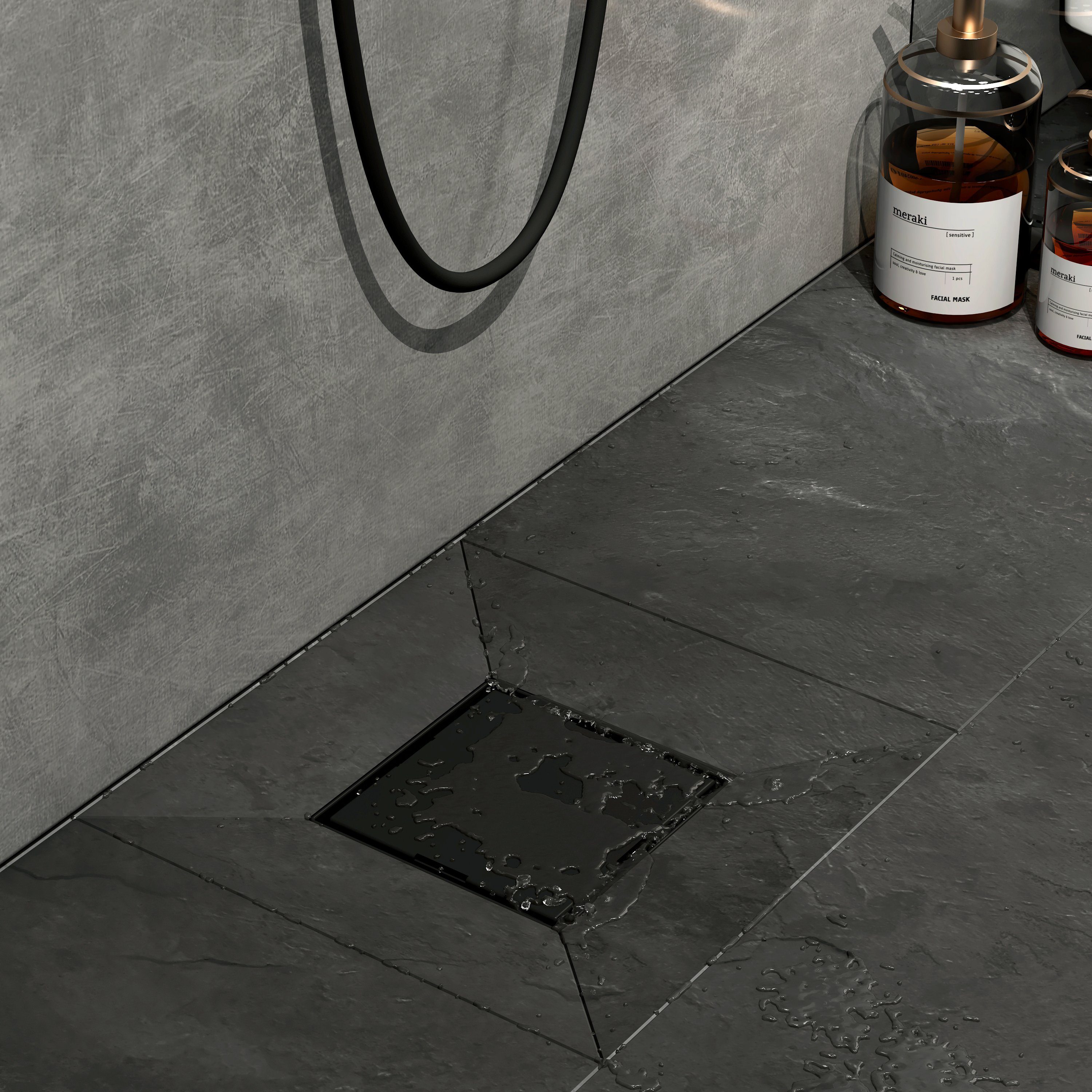 EMKE Duschrinne Edelstahl Bodenablauf Quadratischer Duschrinne 2 in 1 Komplettset, Mit Bodenablaufabdeckung, Geruchsverschluss, Haarsieb,und Siphon