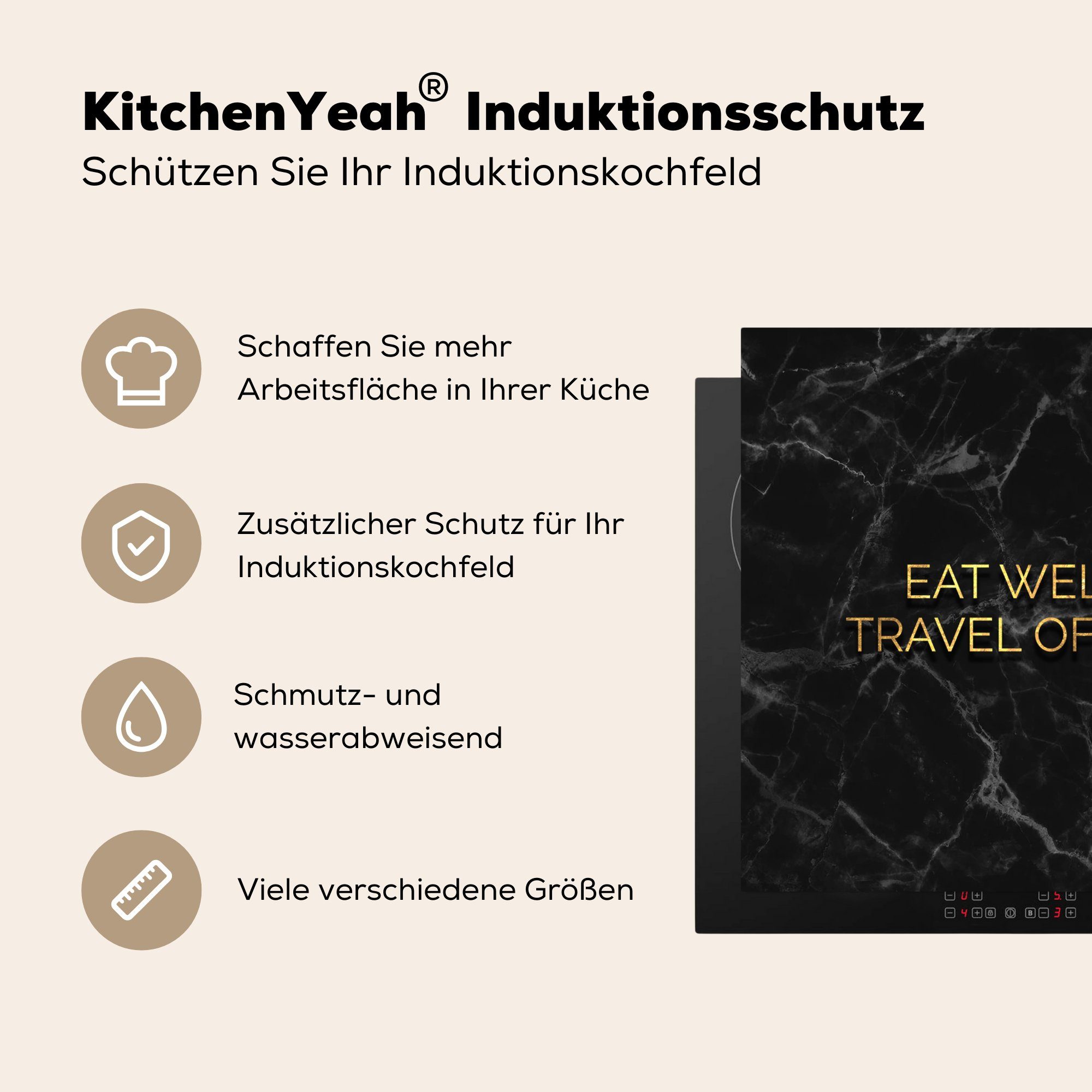 MuchoWow Herdblende-/Abdeckplatte Zitat - Essen Ceranfeldabdeckung, küche Gold, für tlg), (1 Arbeitsplatte Reisen Vinyl, cm, 78x78 - 