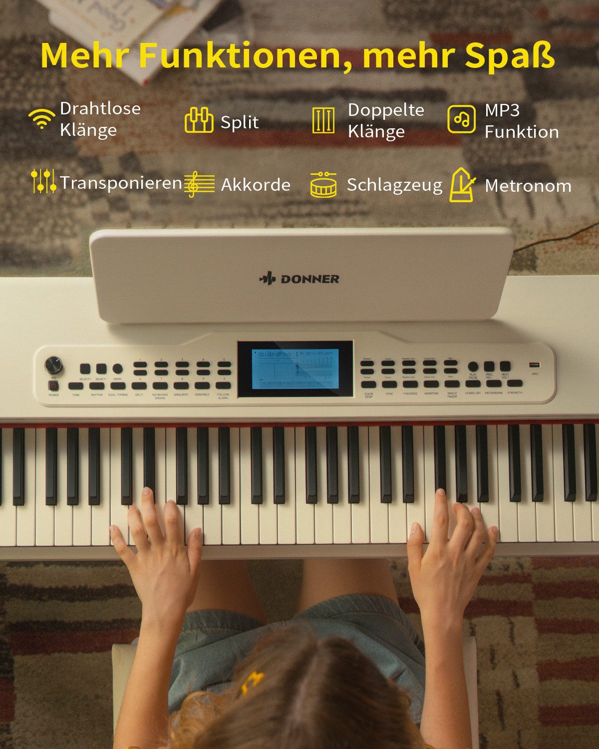 Donner Digitalpiano DDP-95 88 Tasten mit Hammergewicht 610 Soundvarianten Bluetooth (Set), Drahtlose Verbindung, Aufnahme 4,3-Zoll-LCD-Display – Bild 4 von 5
