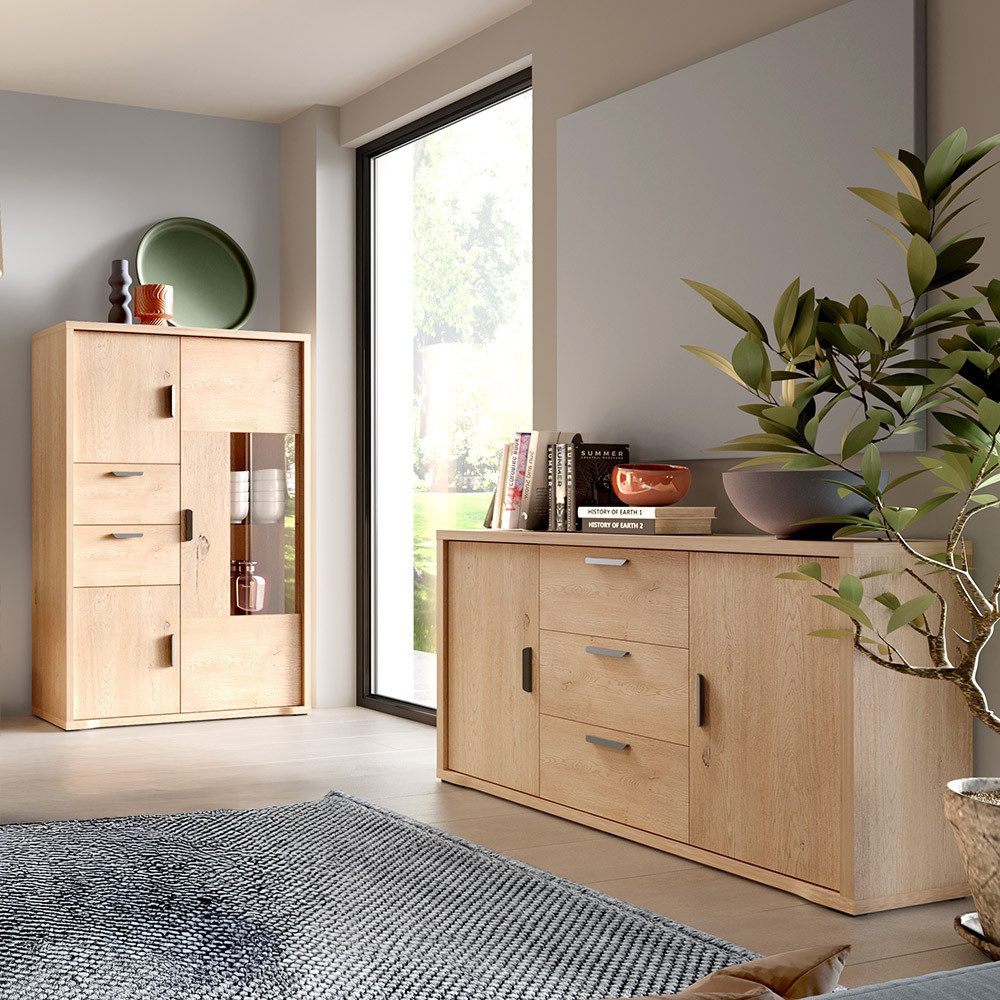 Lomadox Wohnzimmer-Set GENOVA-161, (Mega-Spar-Set, 2-St., Highboard Sideboard), Wohnwand in Eiche mit viel Stauraum & Softclose-Funktion