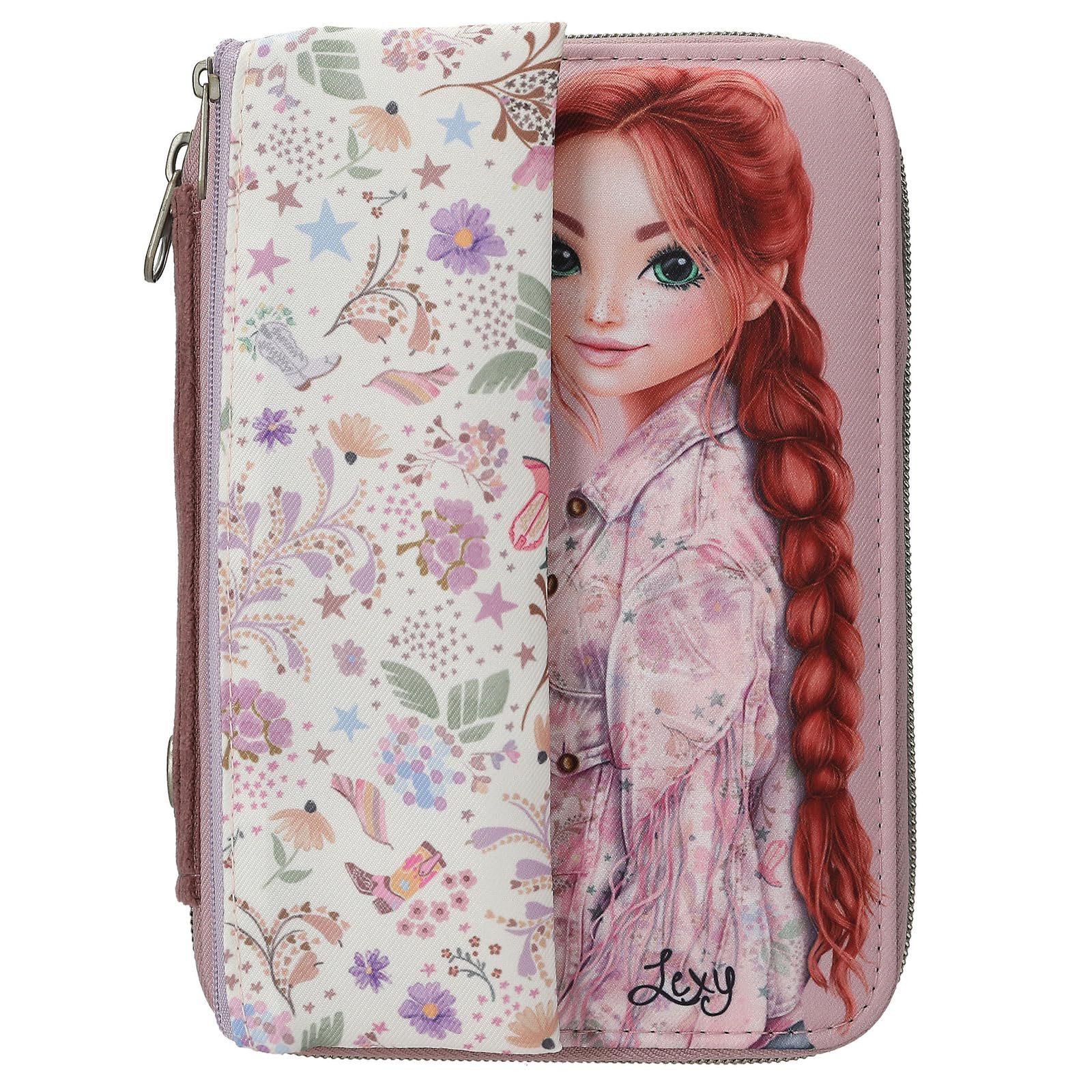 Depesche Federmäppchen Gefüllte Federtasche in Lila mit Model Motiv und Blumen, Inkl. Schlampertäschchen