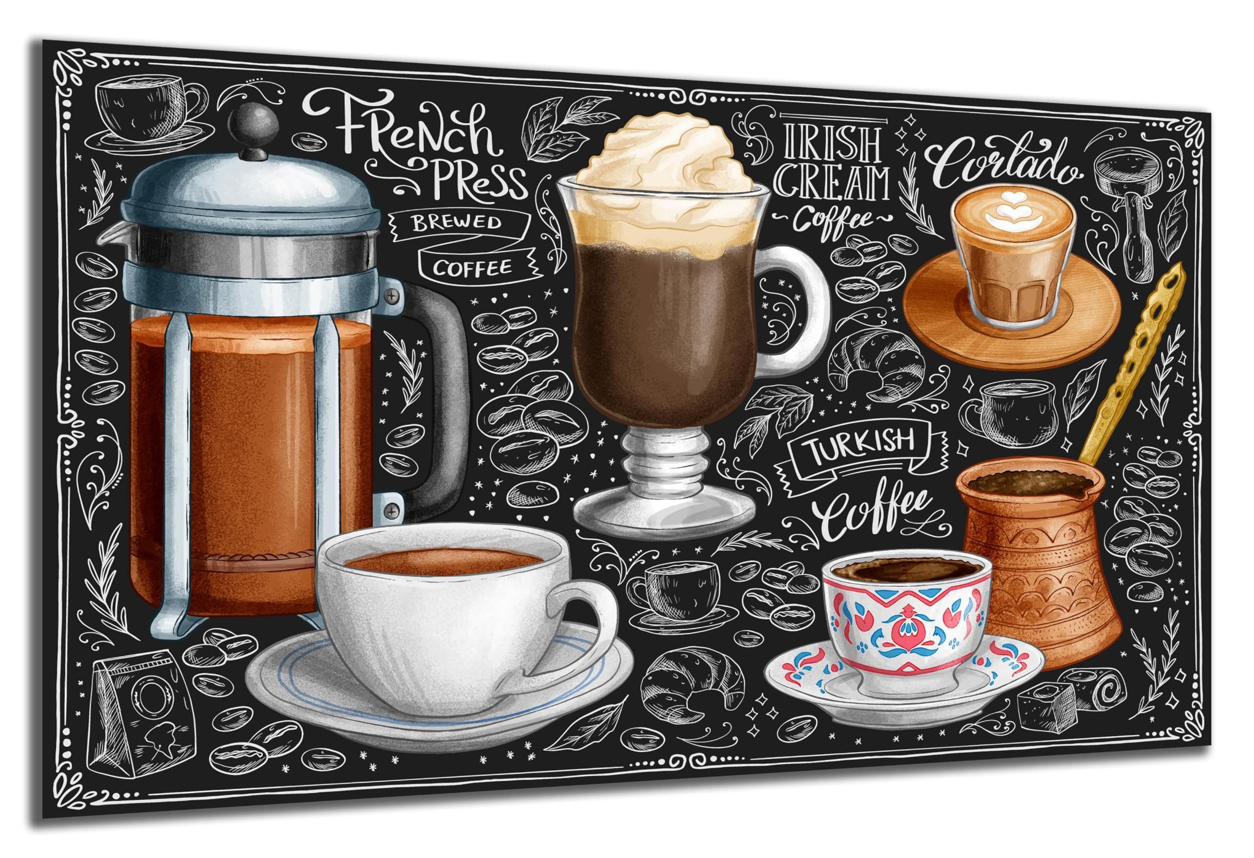 DARO Design Wandbild Kaffee Retro Wandbilder Wand Deko Bilder Geschenk Leinwandbild, (Kaffee Übersicht - Bild groß Küche Esszimmer Wohnzimmer Flur Einteilig Querformat Fotodruck Kaffee-Retro), 84x56 cm