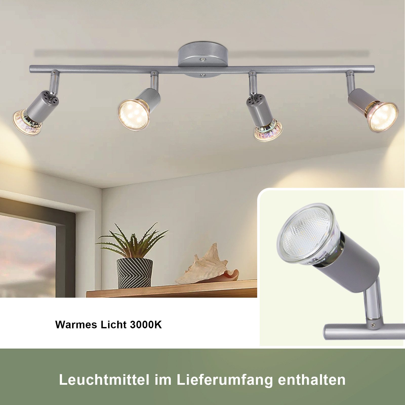 ZMH Deckenstrahler GU10 1/2/3/4 Flammig Modern Deckenleuchte Flur Leuchtmittel Enthalten, LED wechselbar, Schwenbar 350° Industrial Schlafzimmerlampe – Bild 4 von 5