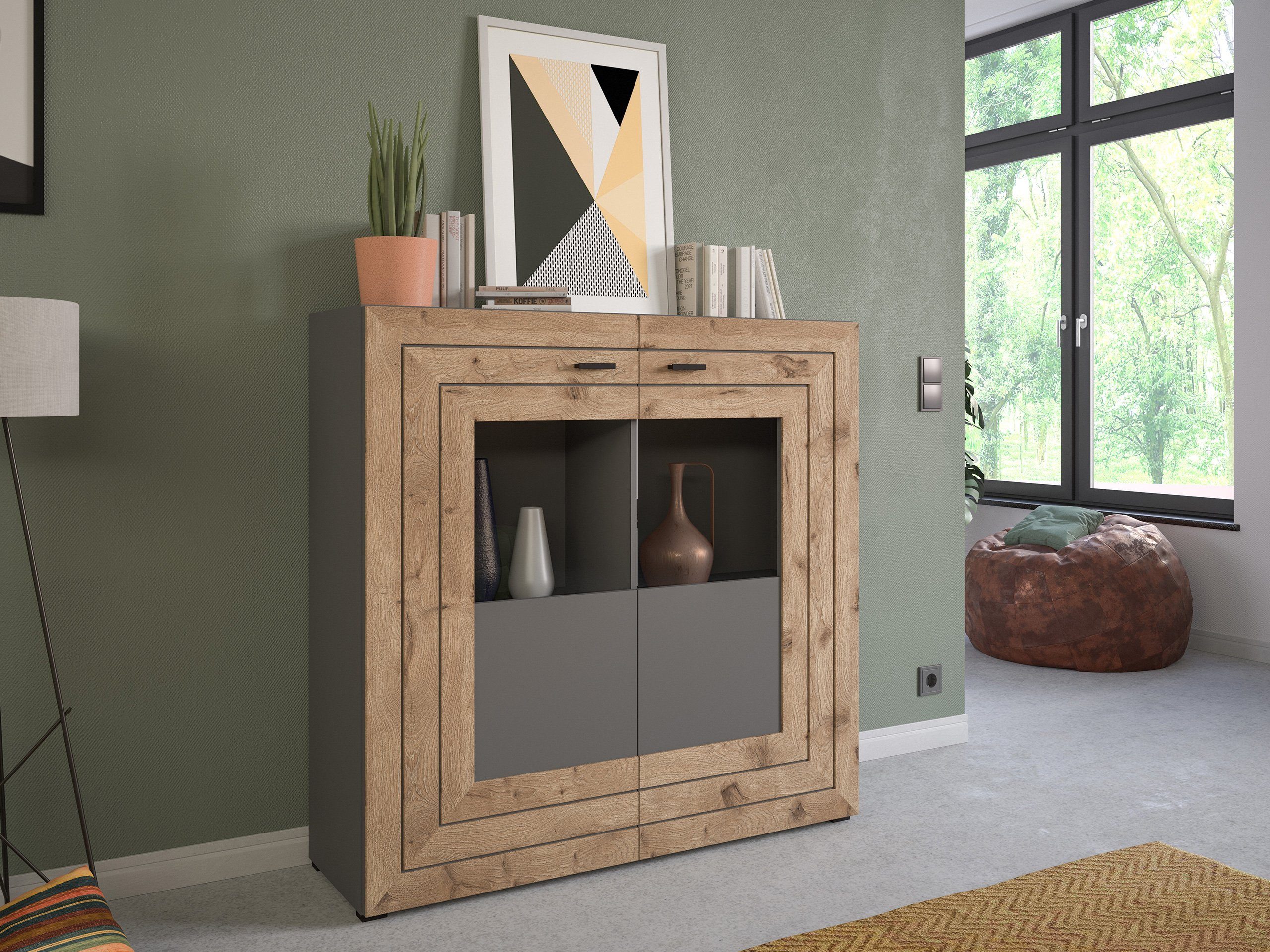 Newroom Highboard Octans, Highboard Grau Kommode Schrank Industrial Modern Wohnzimmer Schlafz...