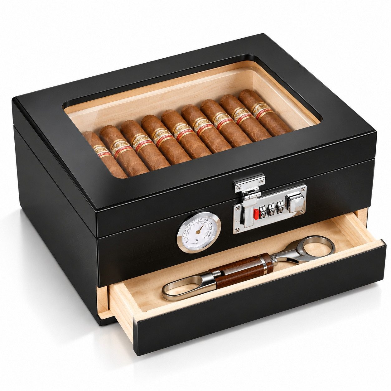 LEMLIT Humidor Zigarren Humidor Zedernholz Mit Hygrometer, Zahlenschloss, Schwarz, Mit Glasfenster, Trennwand Und Zubehörschublade