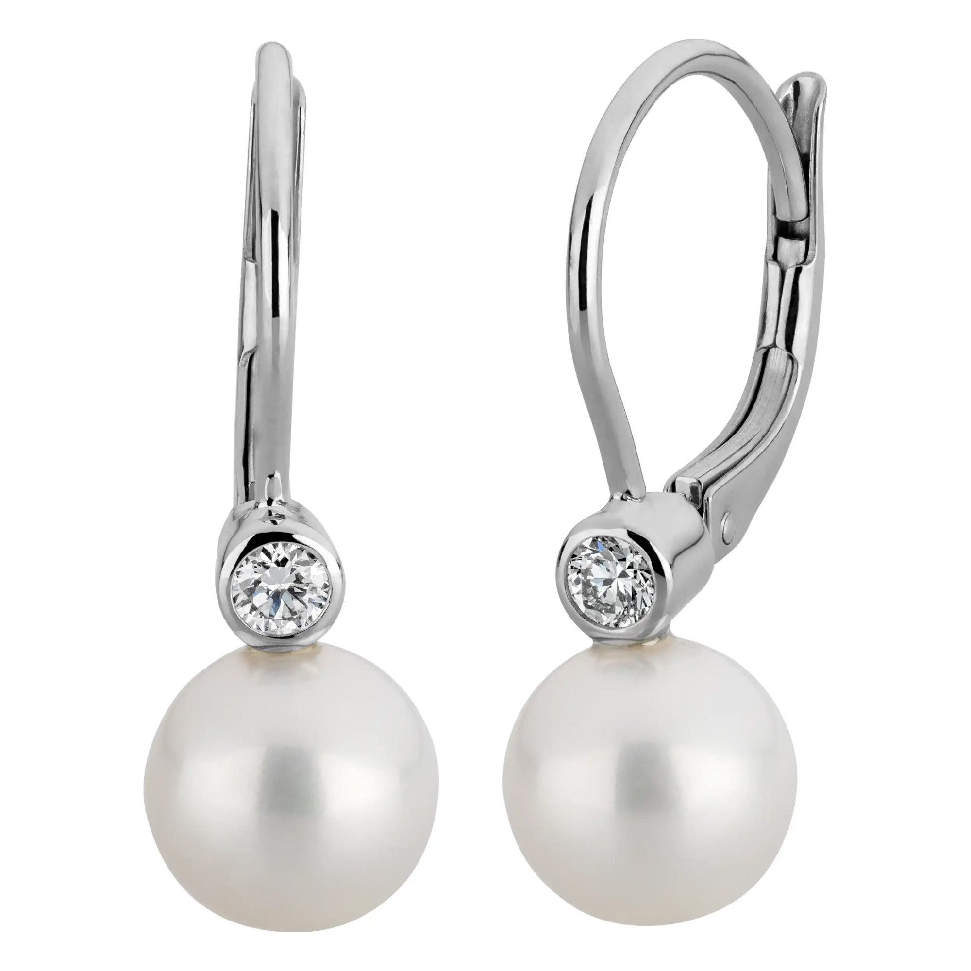 LYOMI Paar Ohrhänger 585/- Weißgold Perle 2 synth. Diam. 0,10 ct.
