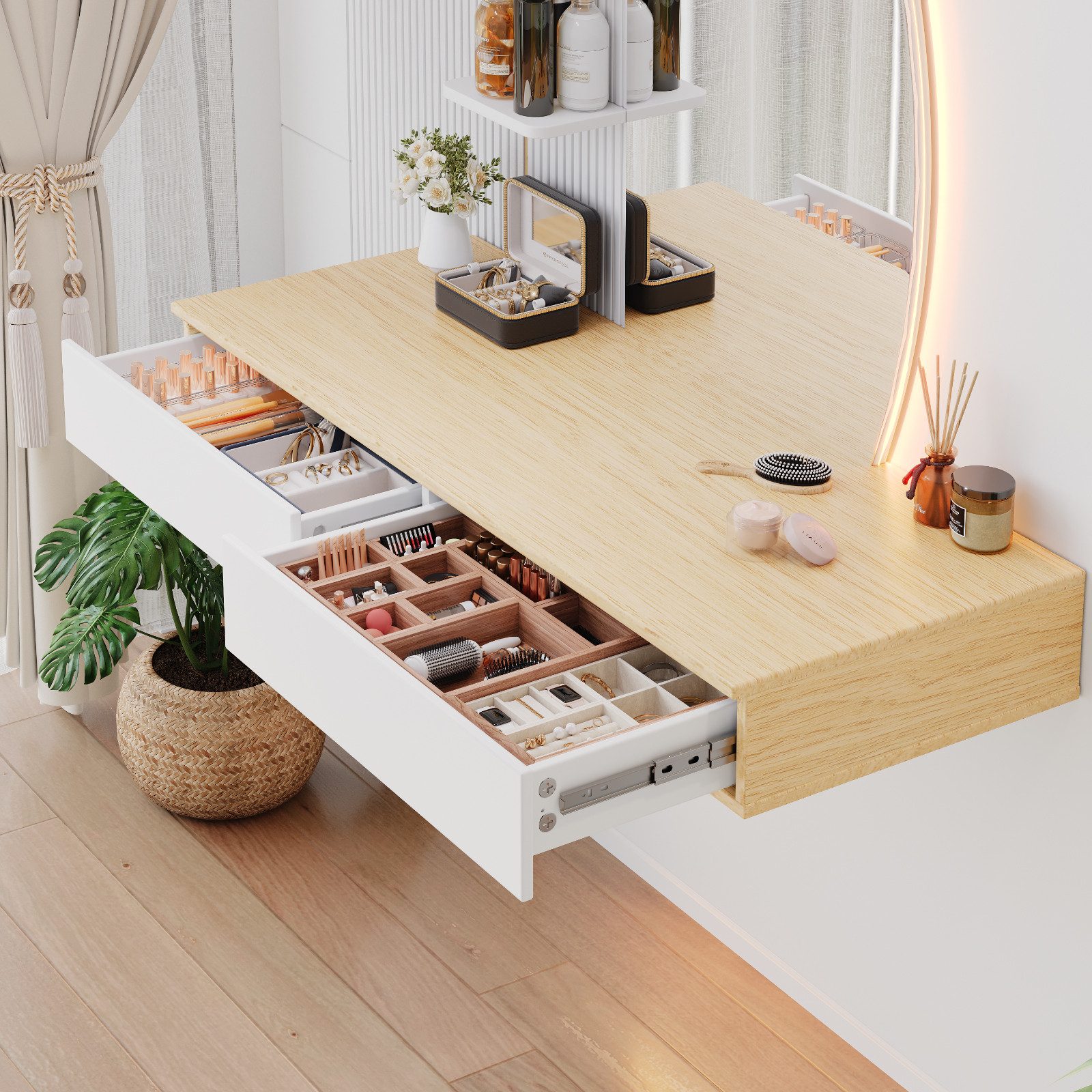 HOMALL Schminktisch Hängender Schminktisch mit LED-Beleuchtung (Maße: 106 × 40 × 143 cm, mit 3 offenen Ablagefächern, 2 Schubladen und drei einstellbaren Farbte – Bild 5 von 5
