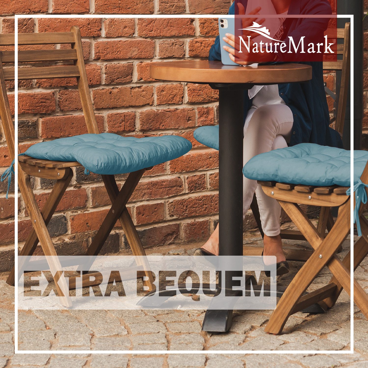 NatureMark Sitzkissen 4er-Set Stuhlkissen 40x40cm mit Bändern, Sitzpolster Kissen 4er Pack, schadstoffgeprüft, Hell blau