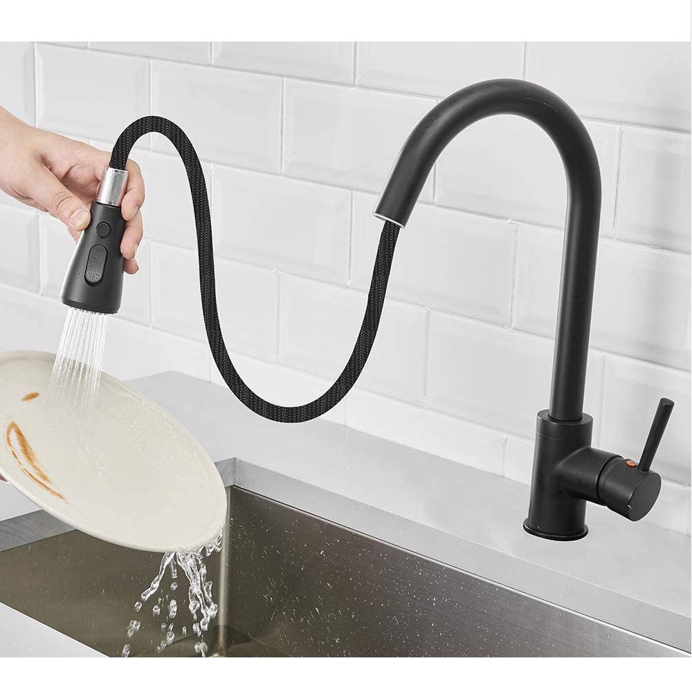 Einhandmischer Ausziehbar Küchenarmatur mit Brause Wasserhahn Schwarz Edelstahl 