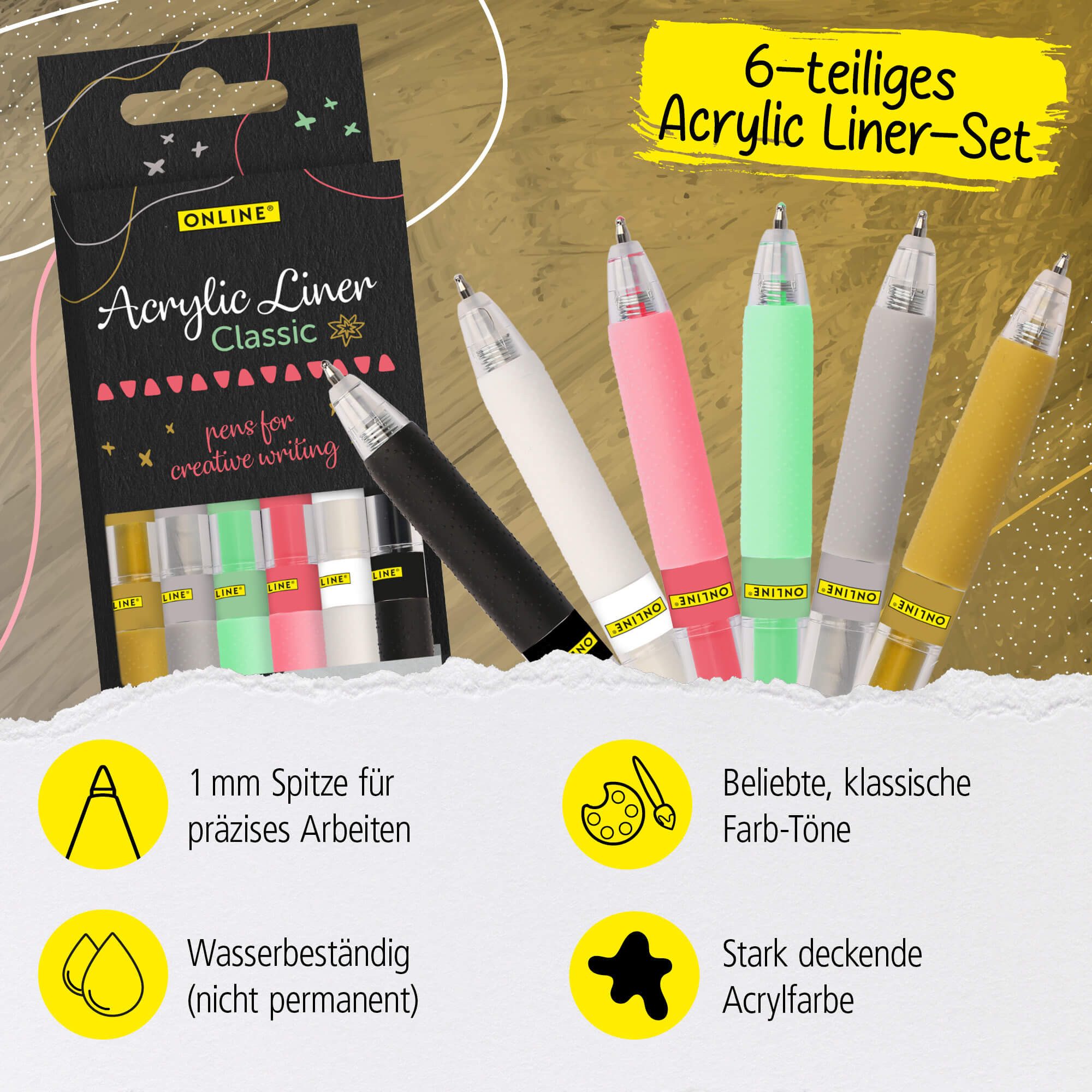 Online Pen Fineliner Acrylic Liner Classic, 6er Set Acrylic Liner mit stark deckender Acrylfarbe