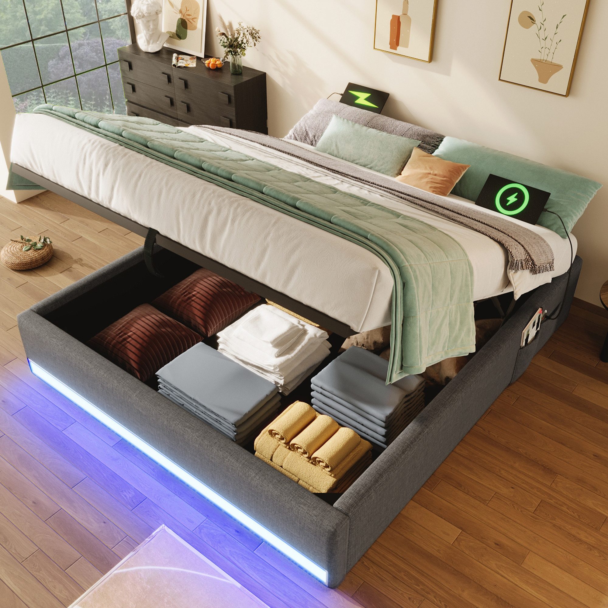 TavilaEcon Polsterbett 140×200 cm mit Bettkasten, LED, USB und Typ-C, kein Kopfteil-Design, Doppelbett mit Staufächern, hydraulischem Stauraum, ohne Matratze – Bild 3 von 5