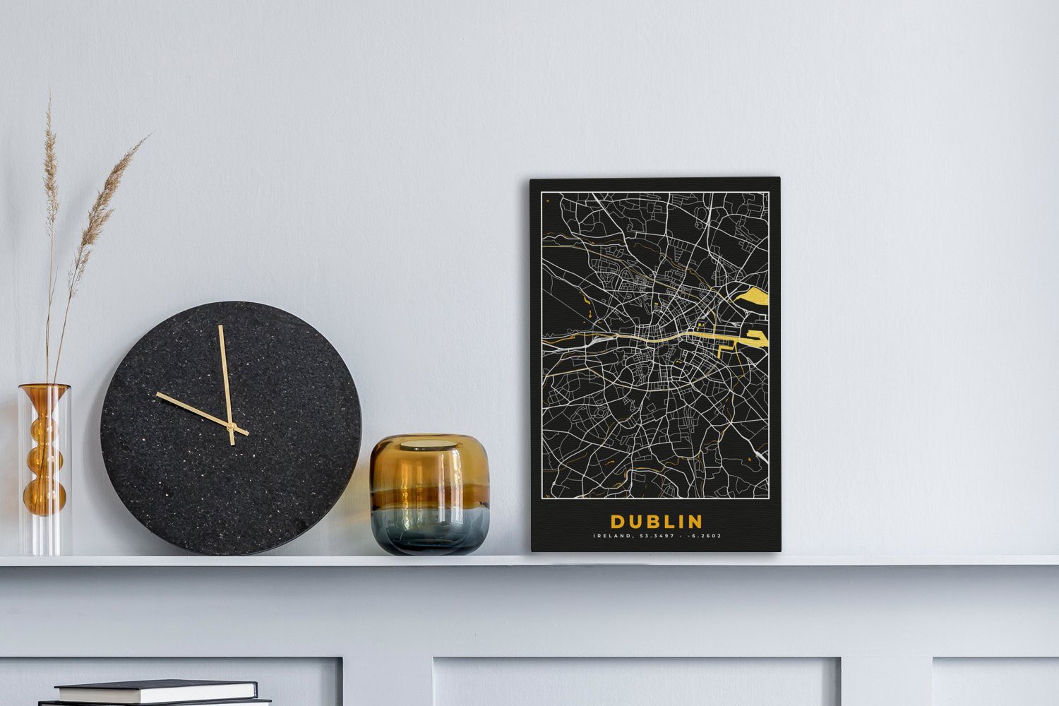 20x30 (1 - Dublin Gemälde, Stadtplan Zackenaufhänger, Leinwandbild cm St), Karte, fertig Gold Leinwandbild OneMillionCanvasses® inkl. bespannt - -