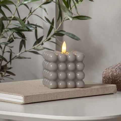 MARELIDA LED-Kerze LED Kerze Bubble Würfel Cube Kerze Echtwachs H: 9,5cm Timer grau