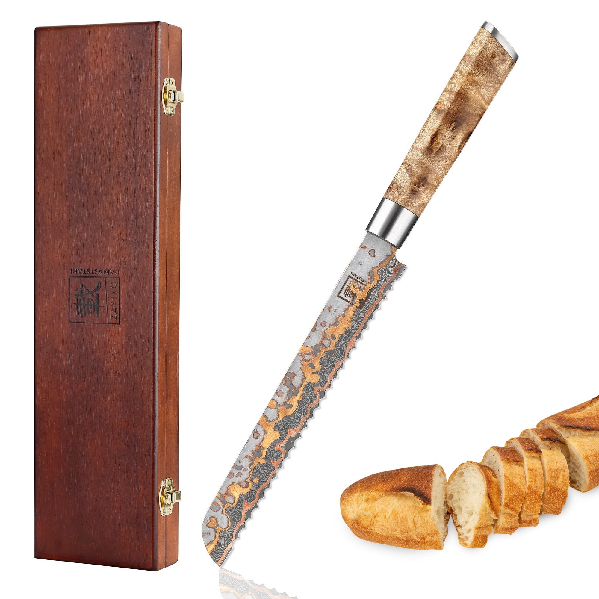 Brotmesser MysticMagma I 20cm Kupfer-Damastklinge Wellenschliff I Ahornholzgriff