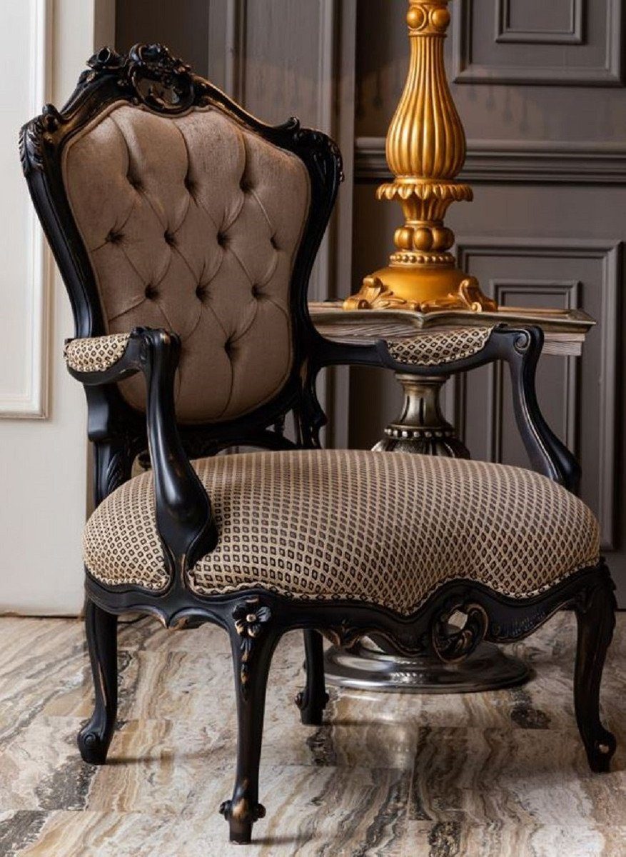 Casa Padrino Sessel Luxus Barock Sessel Beige / Schwarz - Prunkvoller Wohnzimmer Sessel - Barock Wohnzimmer Möbel