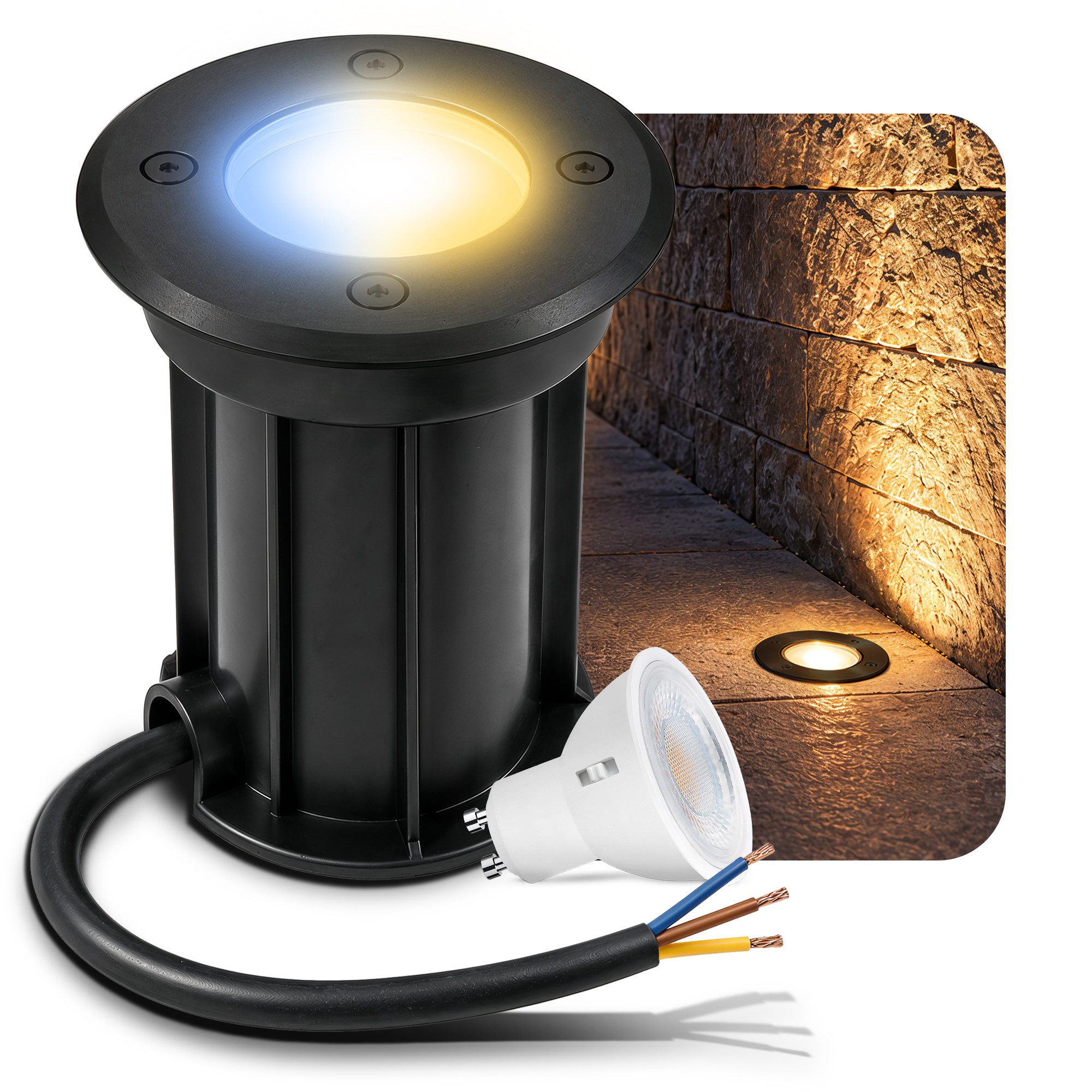 linovum LED Gartenstrahler BORU Bodeneinbauleuchte mit LED GU10 3 Lichtfarben 6W Strahler IP67, Tageslichtweiß, Warmweiß, Neutralweiß